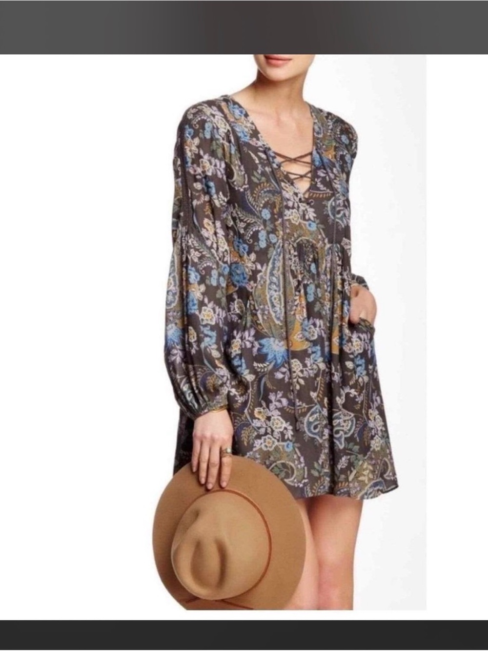 Free People Paisley Lace-Up Mini Dress in Brown and Blue
